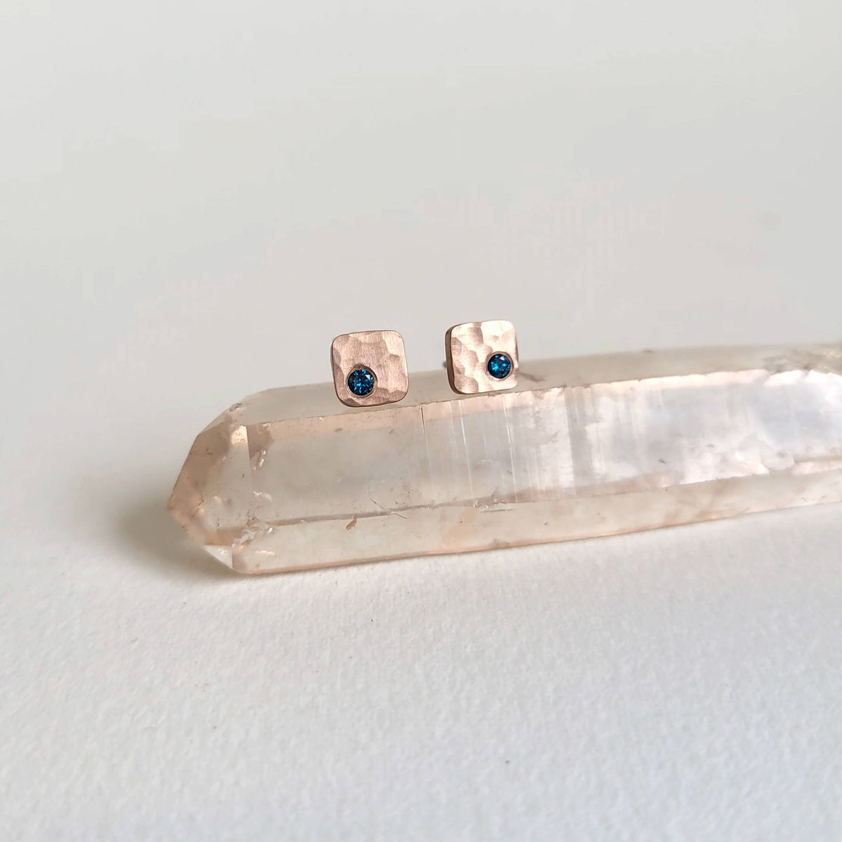 Solid Rose Gold Hammered Cell Studs with Blue Diamonds