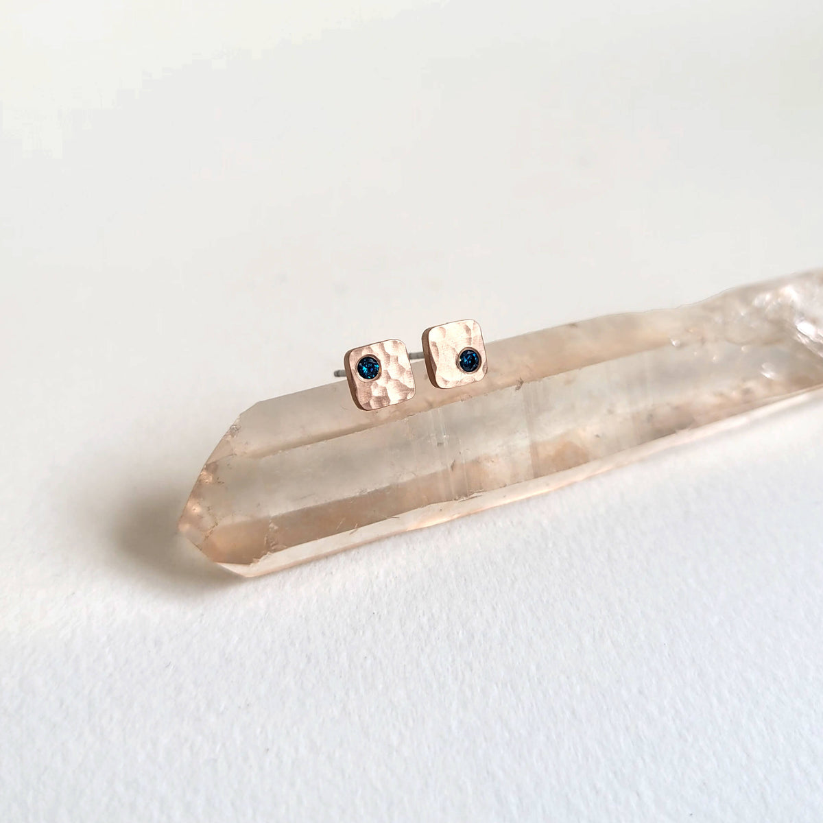 Solid Rose Gold Hammered Cell Studs with Blue Diamonds