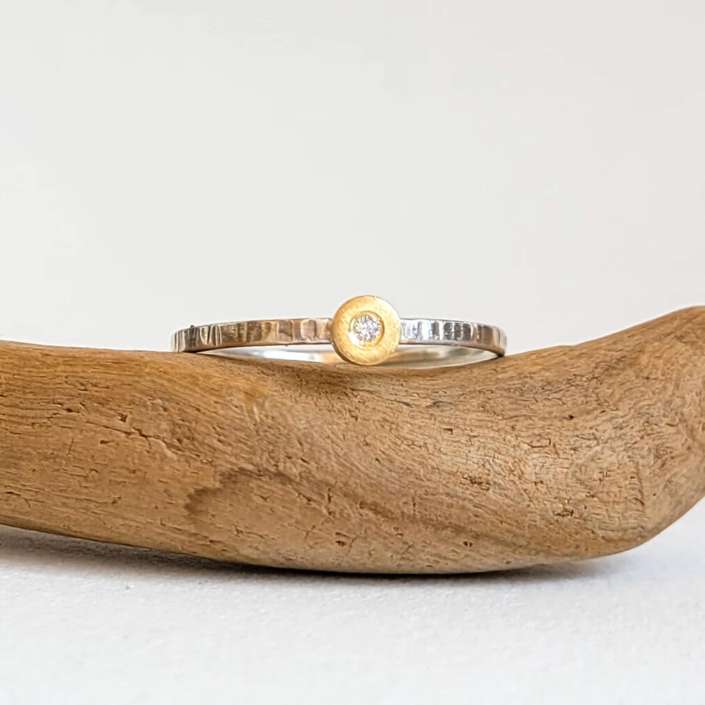 Round Cell Ring in Sterling Silver and Yellow Gold with Diamond Accent