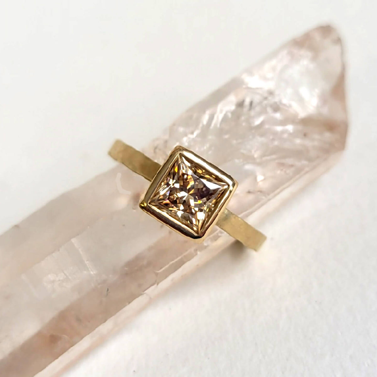 Princess Cut Champagne Moissanite Engagement Ring in Yellow Gold