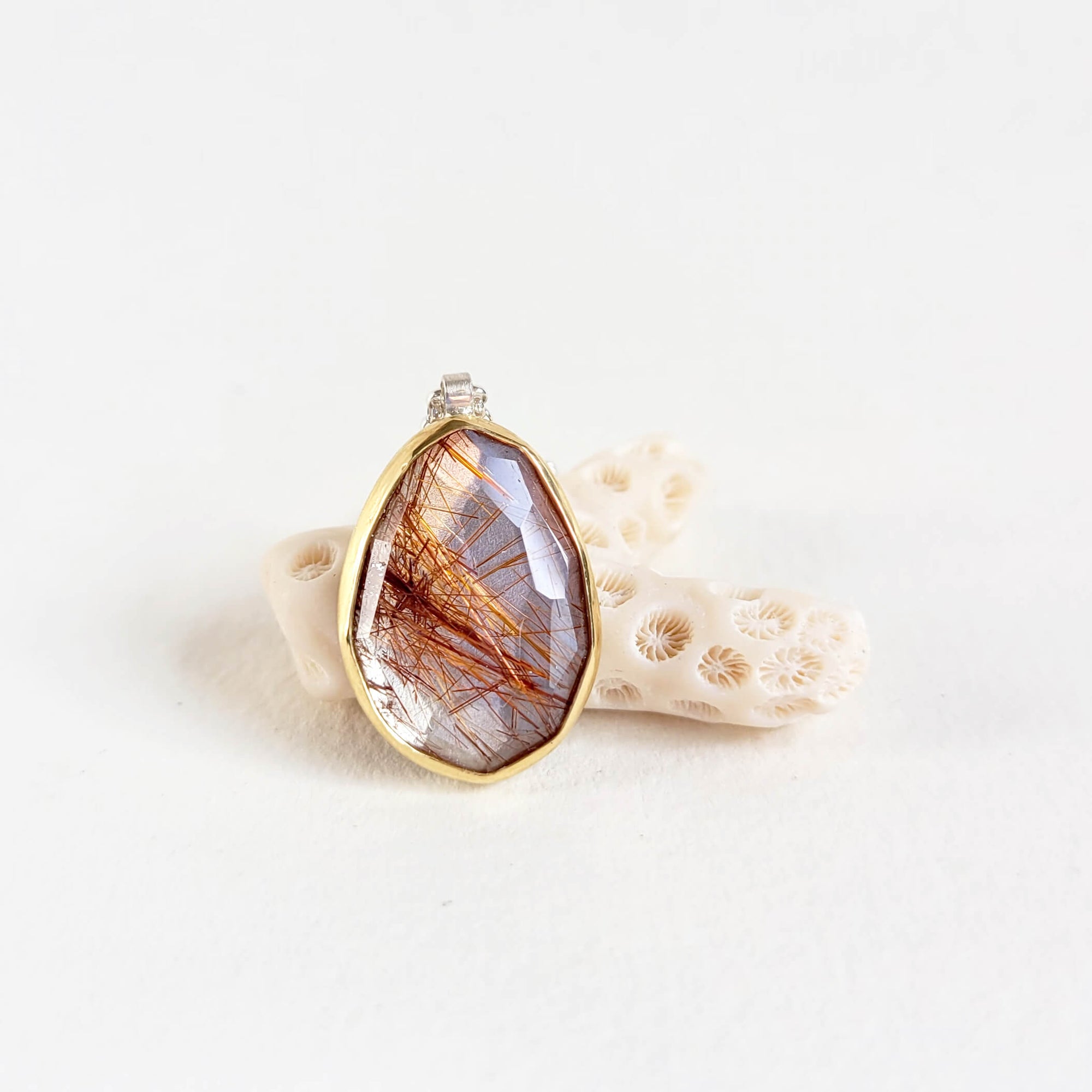 Red Rutile Rosecut Quartz and Yellow Gold Necklace