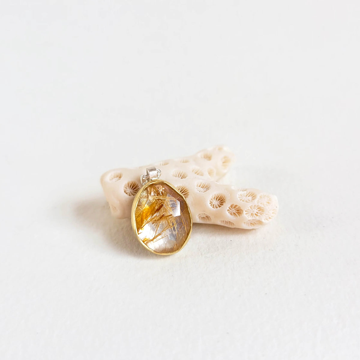 Gold Rutilated Rosecut Quartz and Yellow Gold Necklace