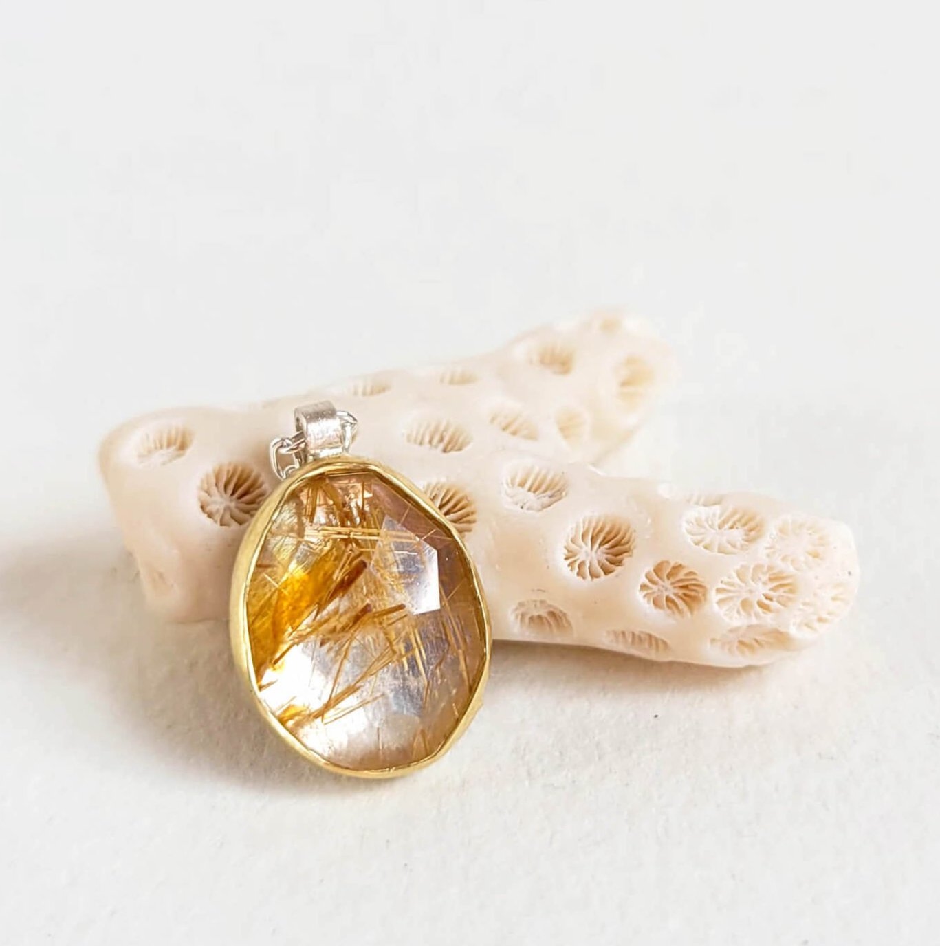 Gold Rutilated Rosecut Quartz and Yellow Gold Necklace