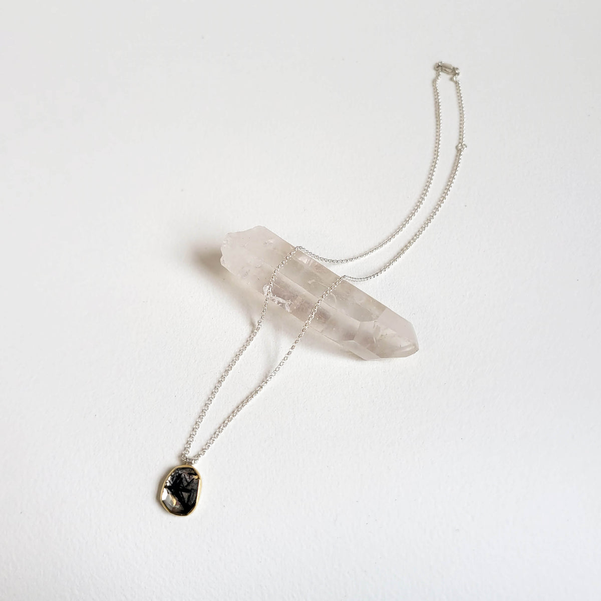 Black Tourmalated Rosecut Quartz and Yellow Gold Necklace