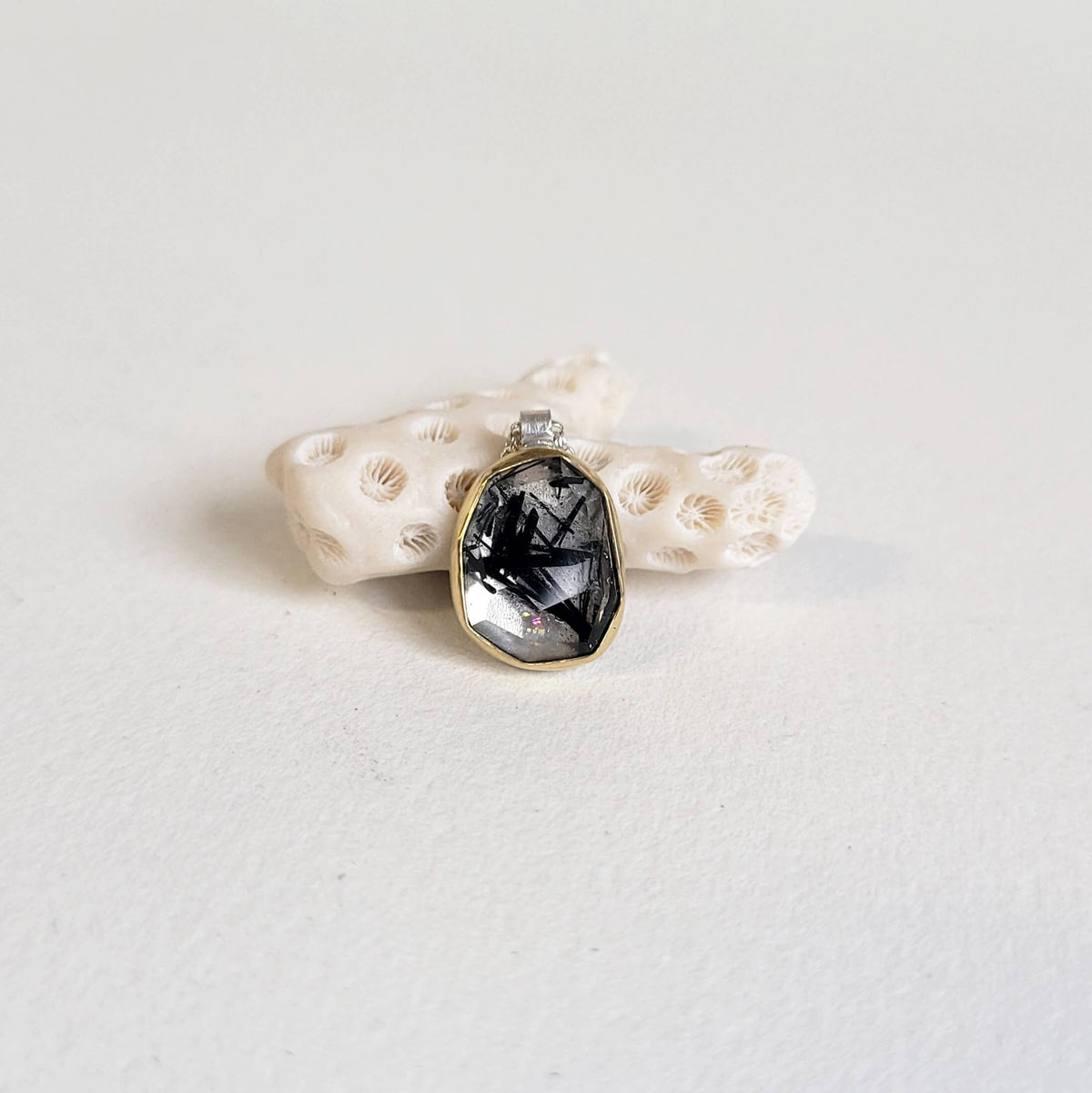 Black Tourmalated Rosecut Quartz and Yellow Gold Necklace