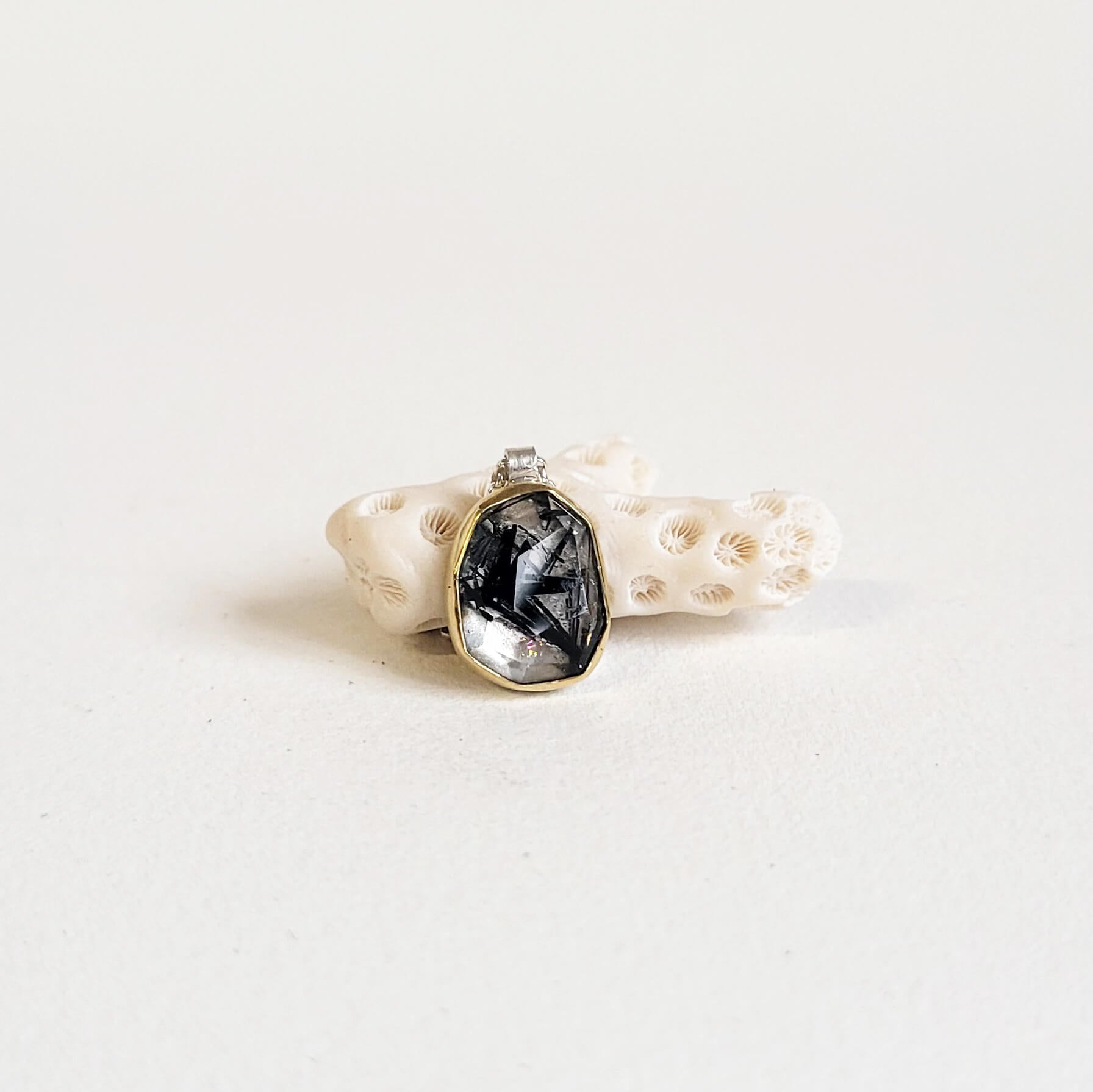 Black Tourmalated Rosecut Quartz and Yellow Gold Necklace