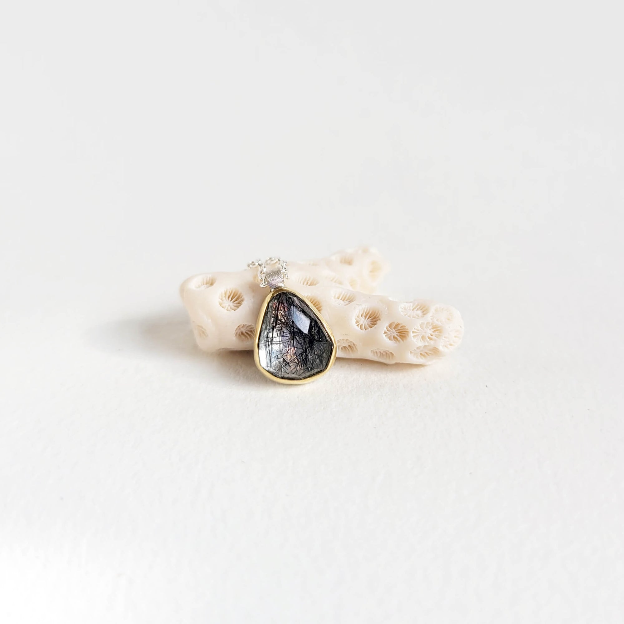 Black Tourmalated Rosecut Quartz and Yellow Gold Necklace
