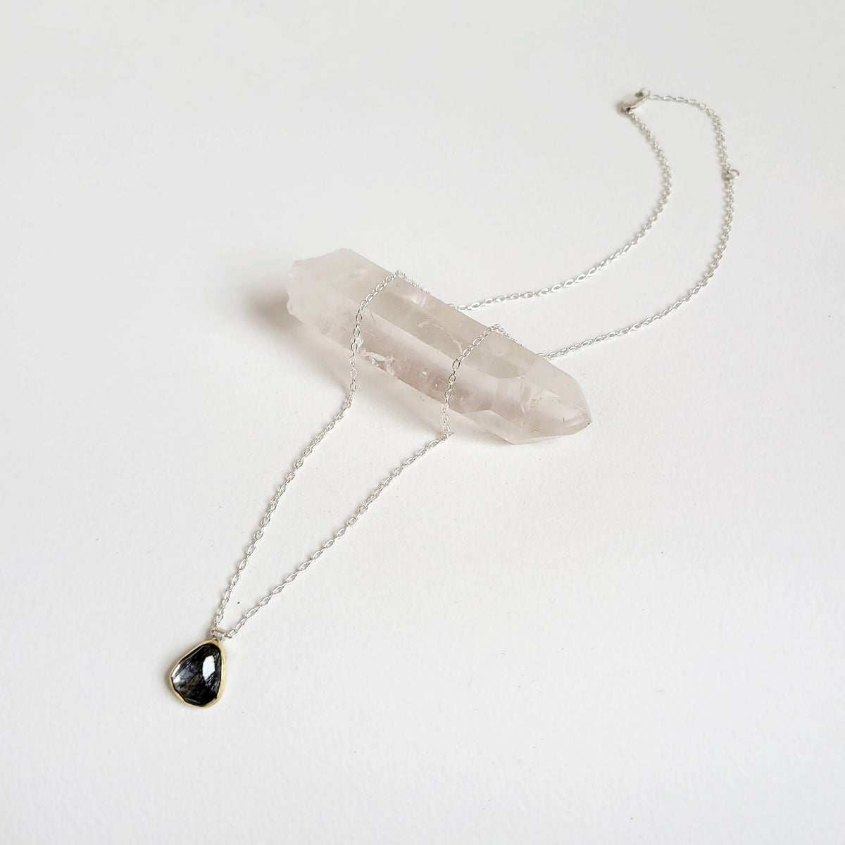 Black Tourmalated Rosecut Quartz and Yellow Gold Necklace