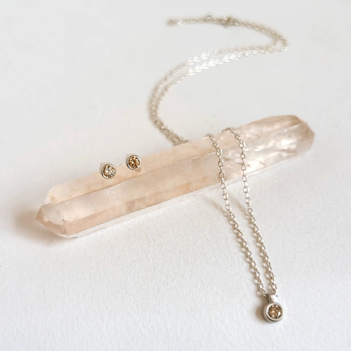 Brilliant Cut Champagne Diamond and Silver Stud Earrings