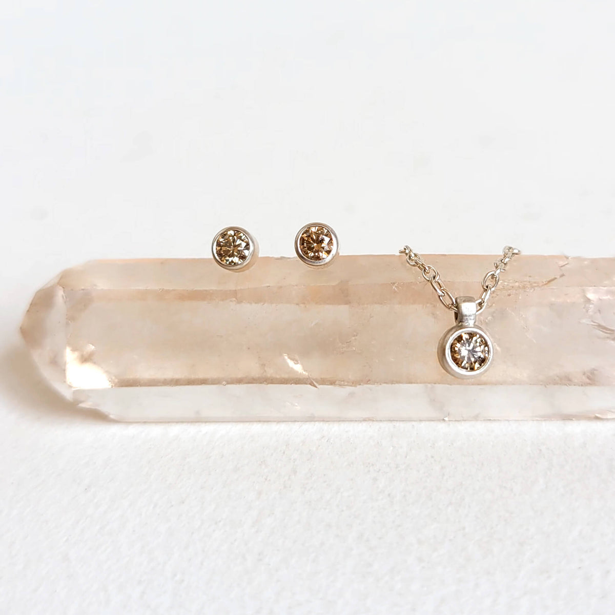 Brilliant Cut Champagne Diamond and Silver Stud Earrings