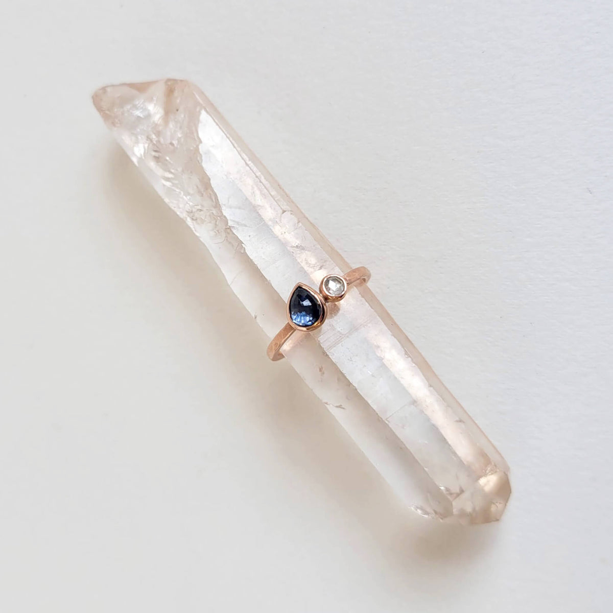 Duo Ring in Rose Gold with a Blue Sapphire and Rosecut Diamond