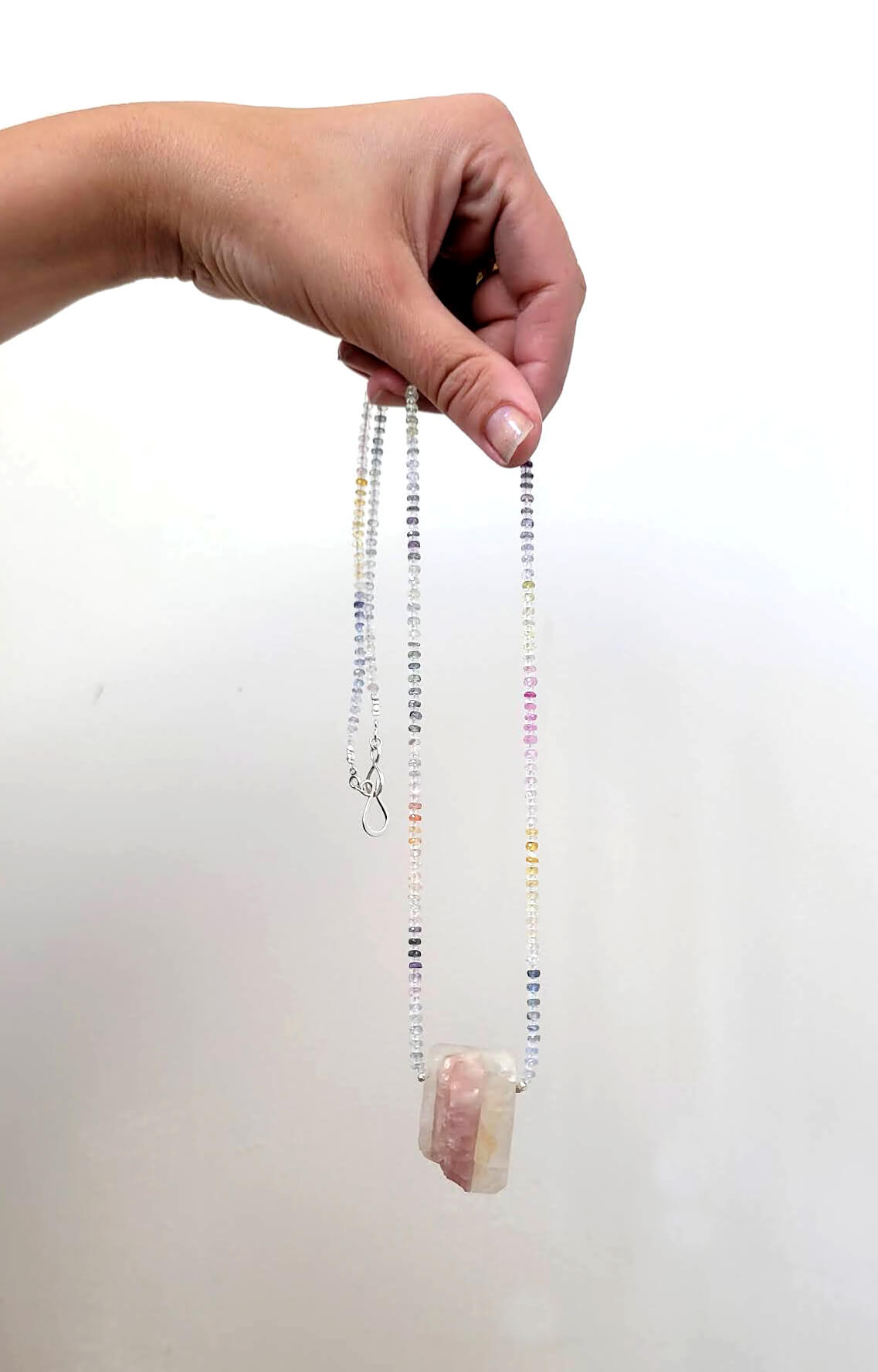 Pink Tourmaline Crystal in Quartz Matrix with Rainbow Sapphire Beads
