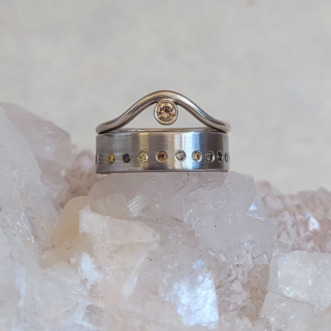 Contoured Gold Band in Palladium White Gold with a Champagne Diamond