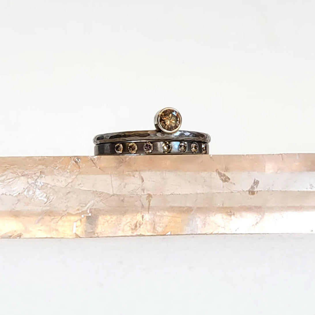 Offset Champagne Diamond Stacking Ring in Palladium