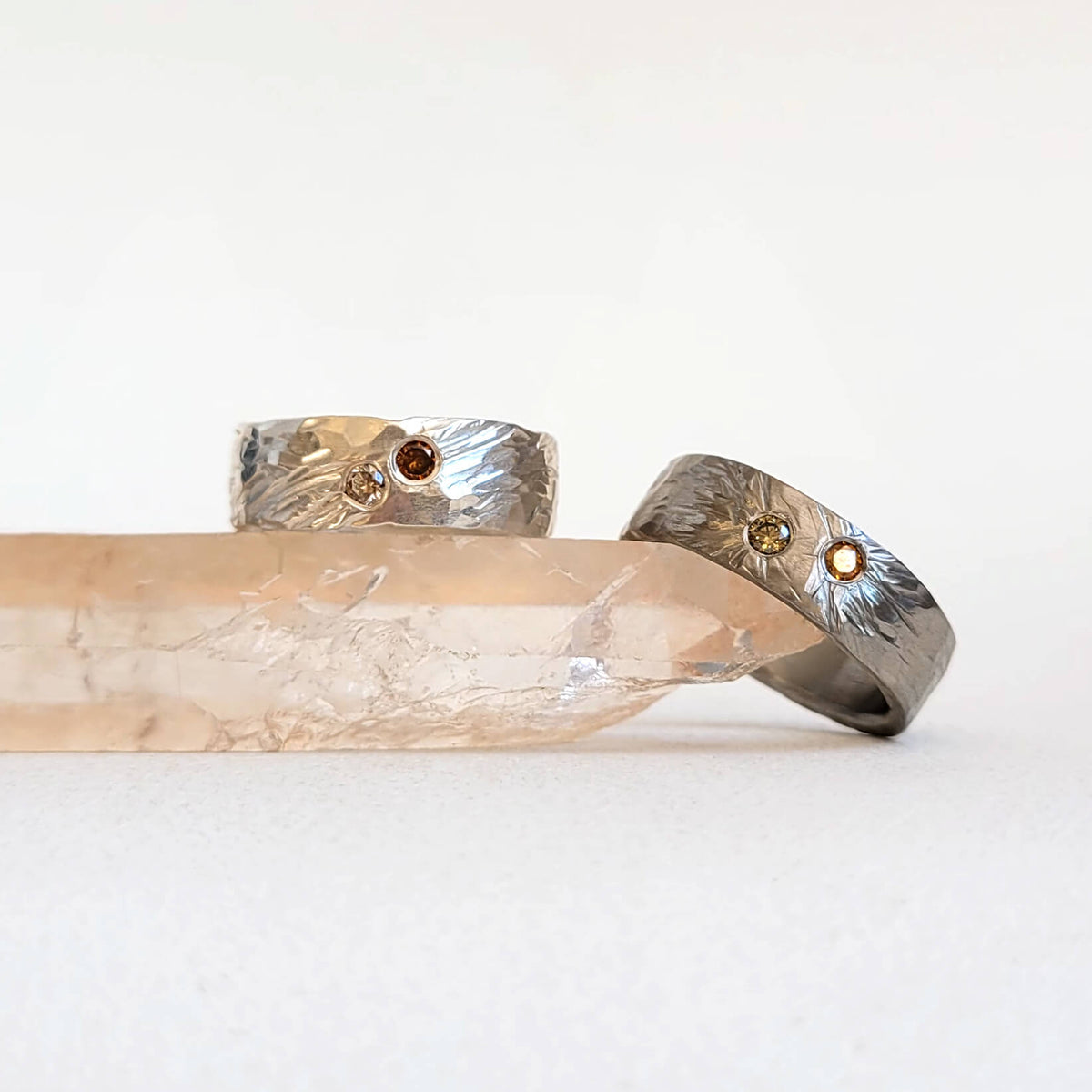 Champagne and Cognac Diamond Band in Hammered Sterling Silver