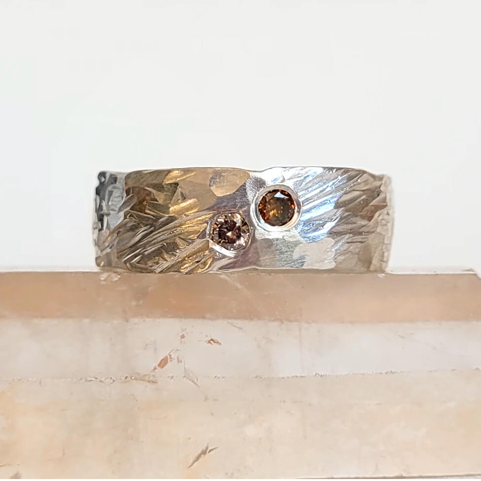 Champagne and Cognac Diamond Band in Hammered Sterling Silver