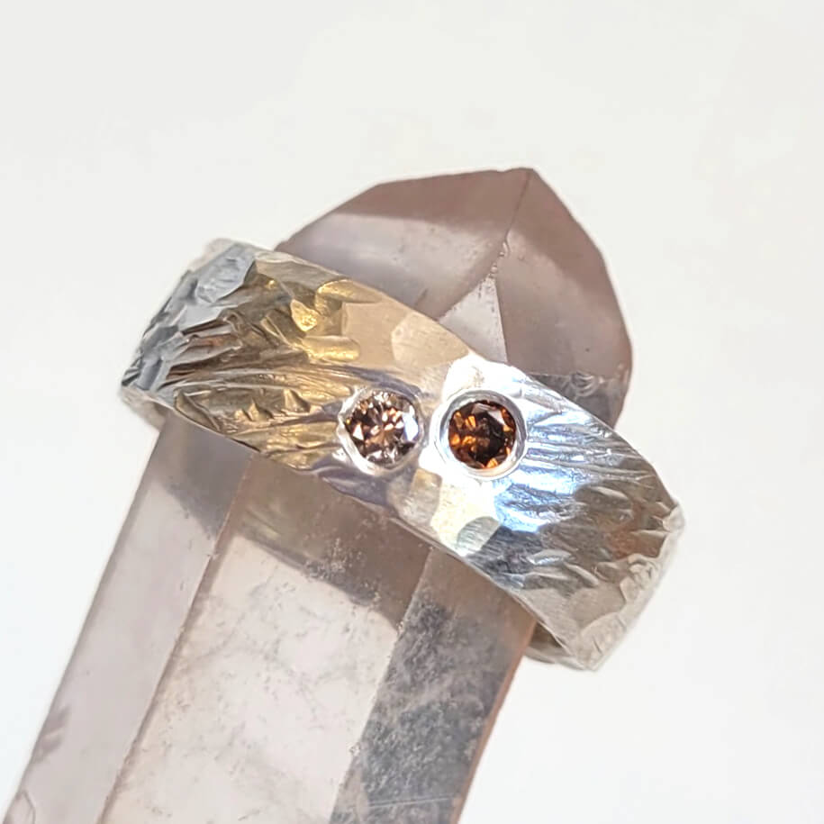 Champagne and Cognac Diamond Band in Hammered Sterling Silver