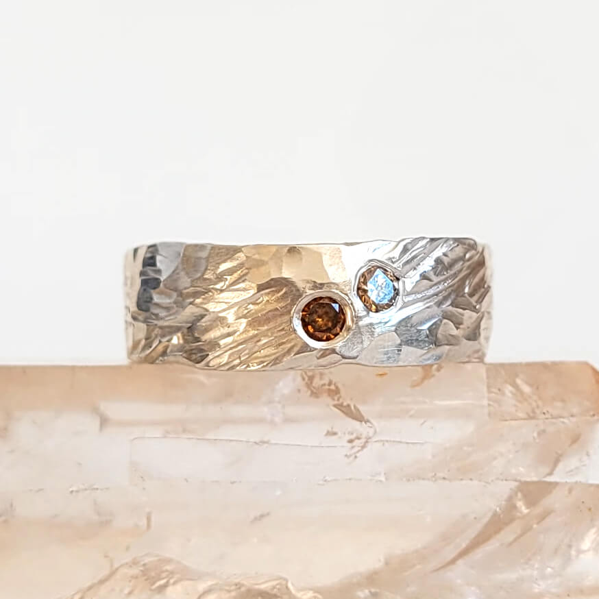 Champagne and Cognac Diamond Band in Hammered Sterling Silver