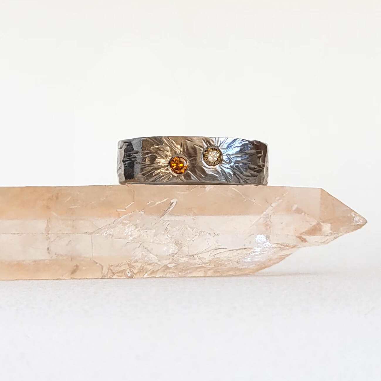 Natural Orange and Champagne Diamonds in Hammered Palladium Band