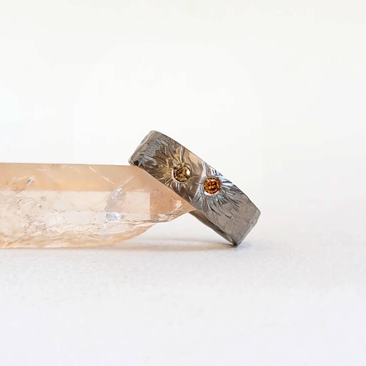 Natural Orange and Champagne Diamonds in Hammered Palladium Band