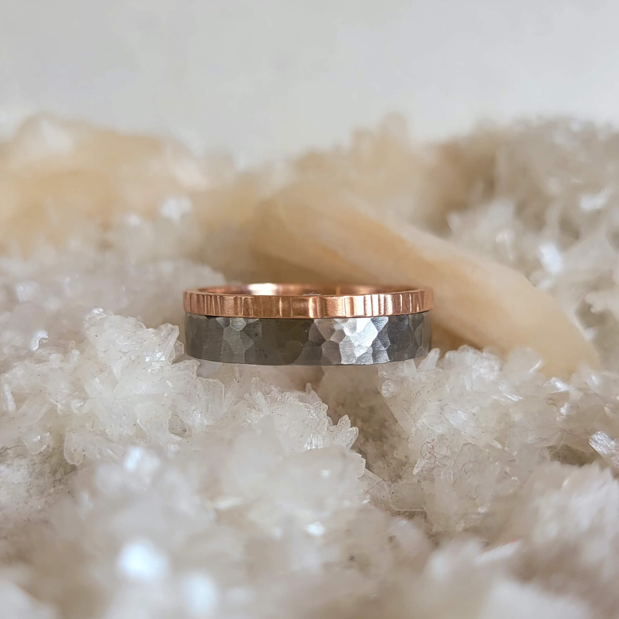Palladium and rose gold wedding band. Handmade by EC Design Jewelry using recycled metal.