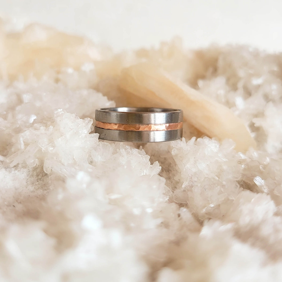 6.5mm Band in Satin Palladium and Hammered 14k Rose Gold