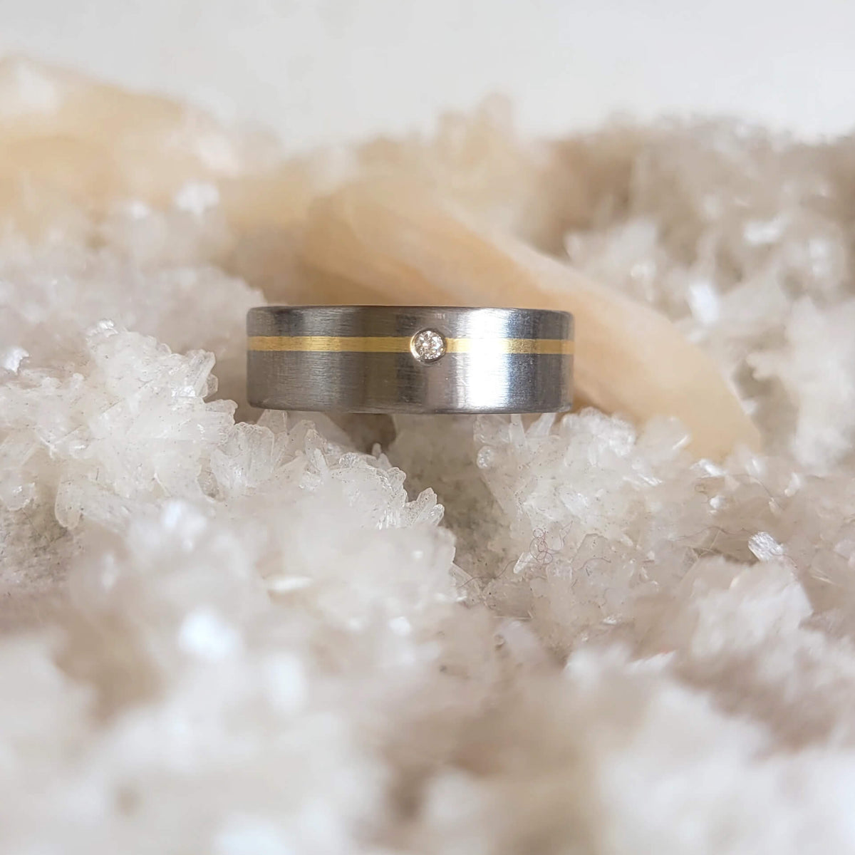 7mm Satin Band of Palladium and Yellow Gold with Diamond Accent