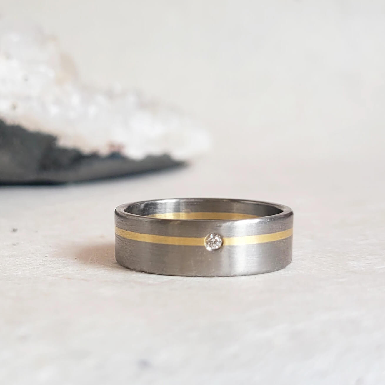 7mm Satin Band of Palladium and Yellow Gold with Diamond Accent