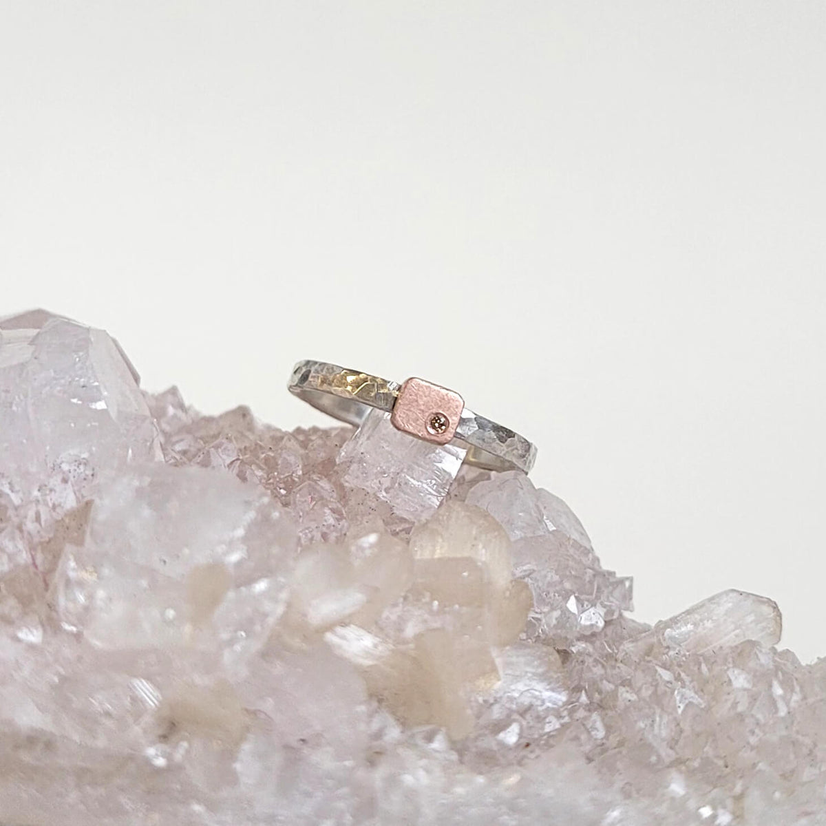 Rectangle Cell Ring in Hammered Sterling Silver and Rose Gold with Champagne Diamond Accent