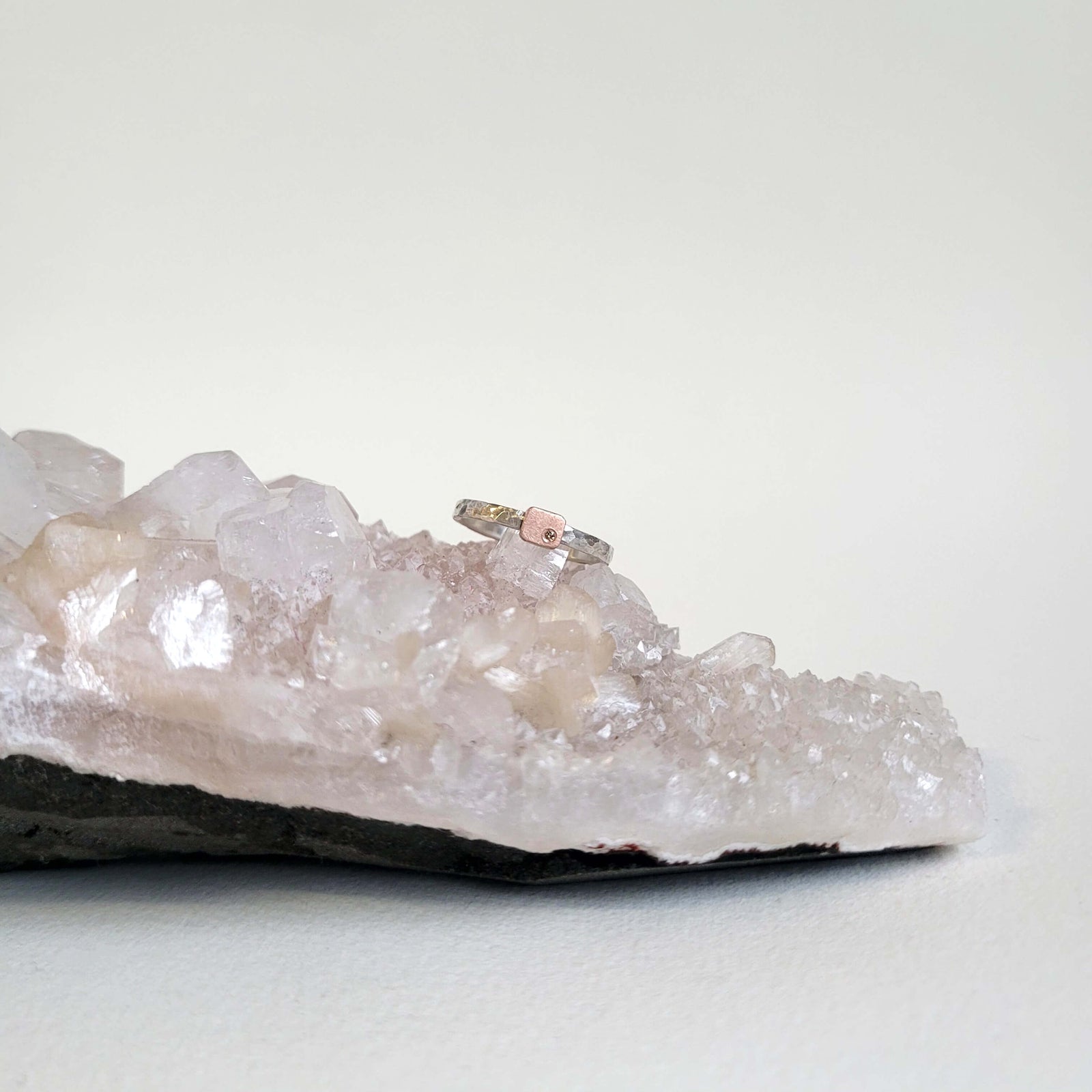 Rectangle Cell Ring in Hammered Sterling Silver and Rose Gold with Champagne Diamond Accent