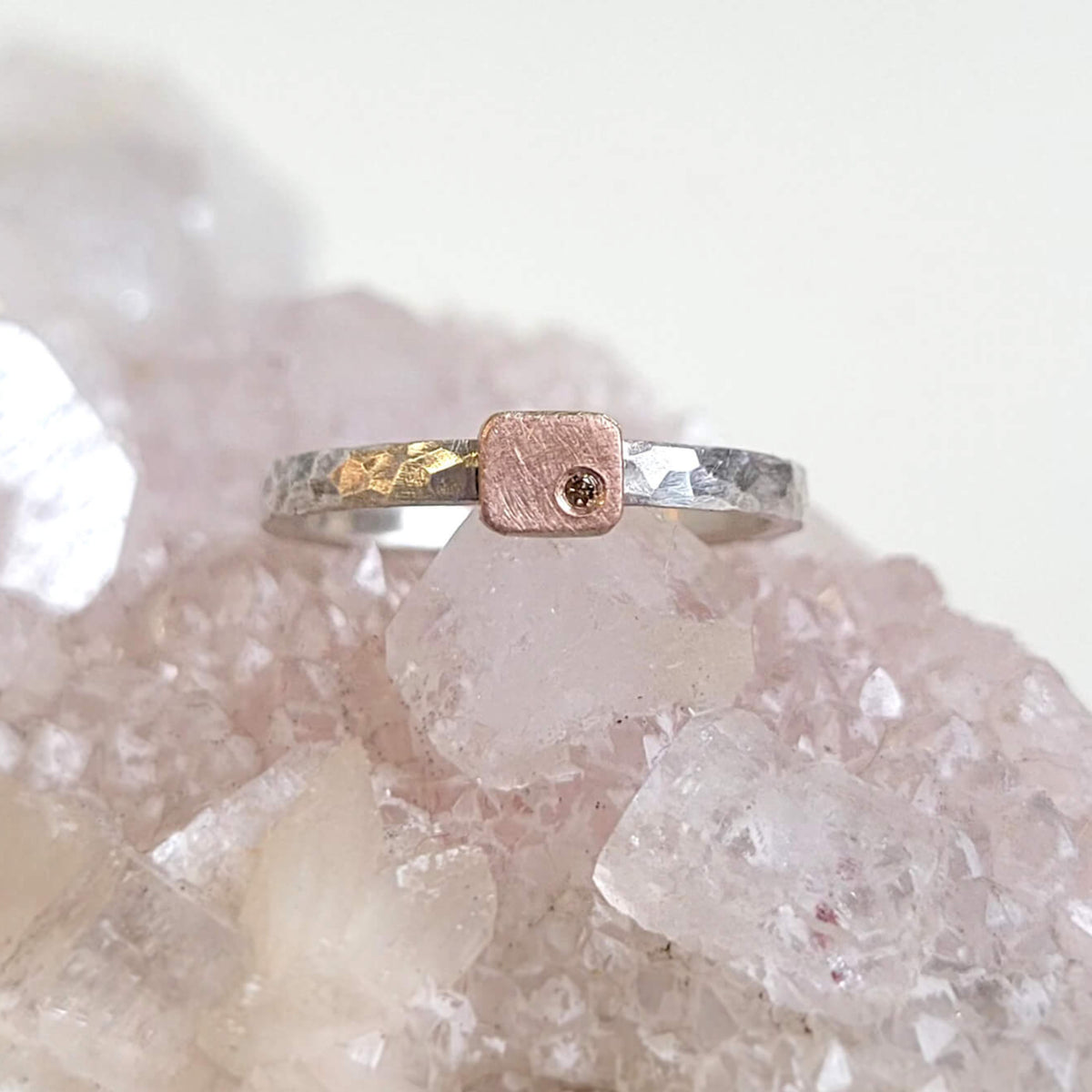 Rectangle Cell Ring in Hammered Sterling Silver and Rose Gold with Champagne Diamond Accent