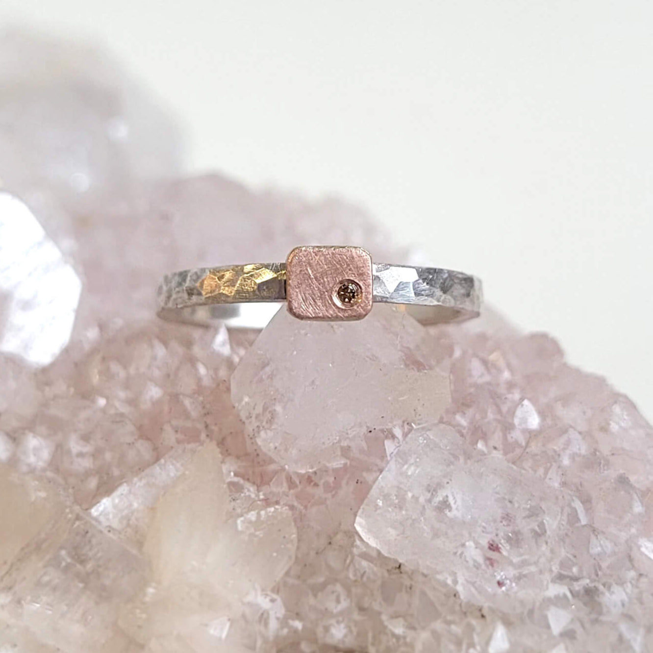 Rectangle Cell Ring in Hammered Sterling Silver and Rose Gold with Champagne Diamond Accent
