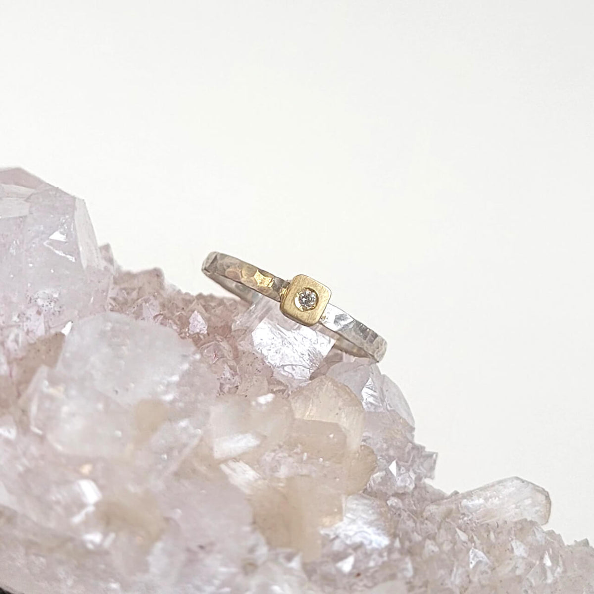 Square Cell Ring in Sterling Silver and Yellow Gold with Diamond Accent