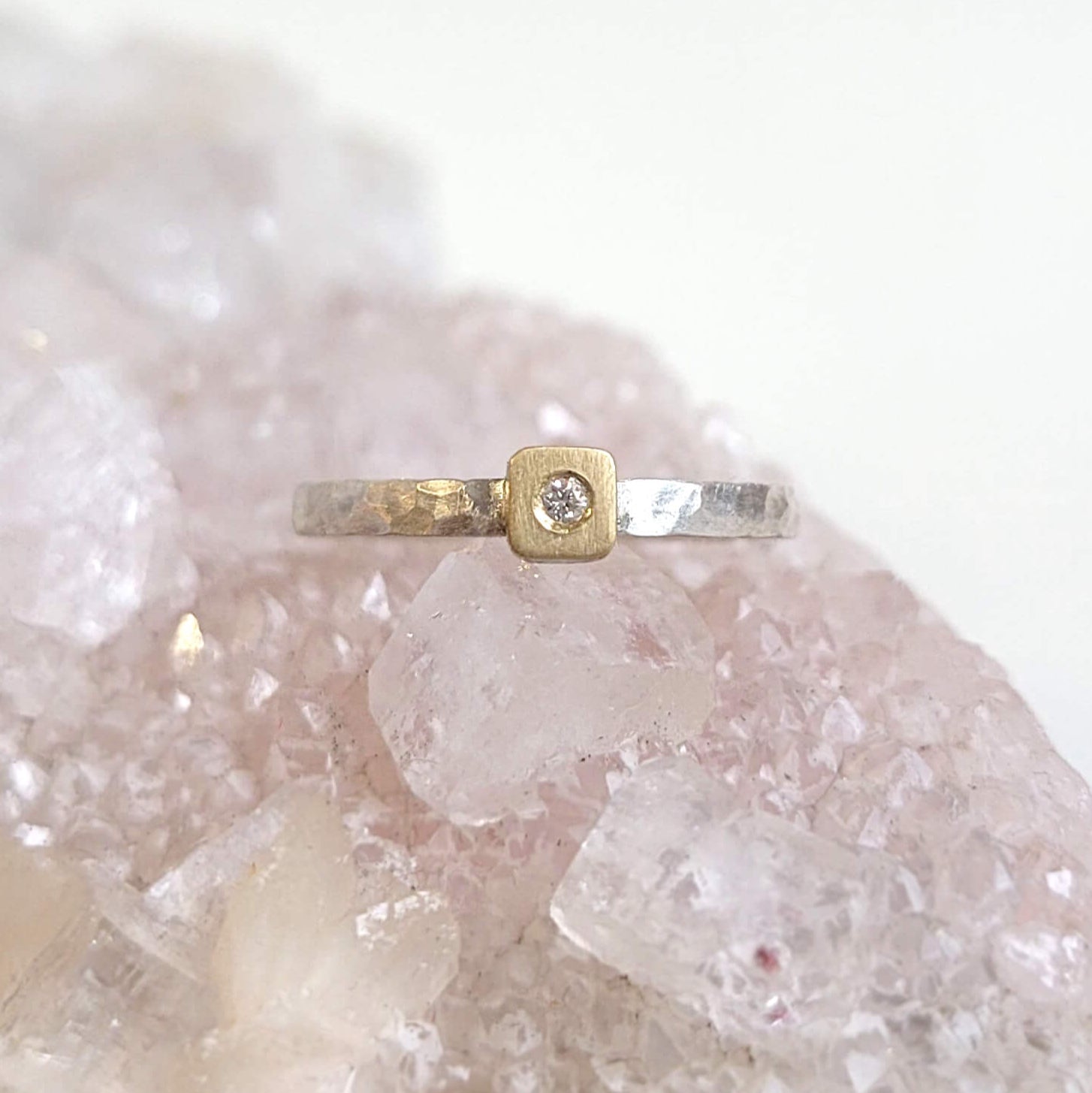 Square Cell Ring in Sterling Silver and Yellow Gold with Diamond Accent