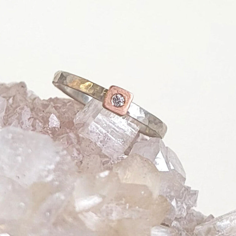 Square Cell Ring in Sterling Silver and Rose Gold with Diamond Accent