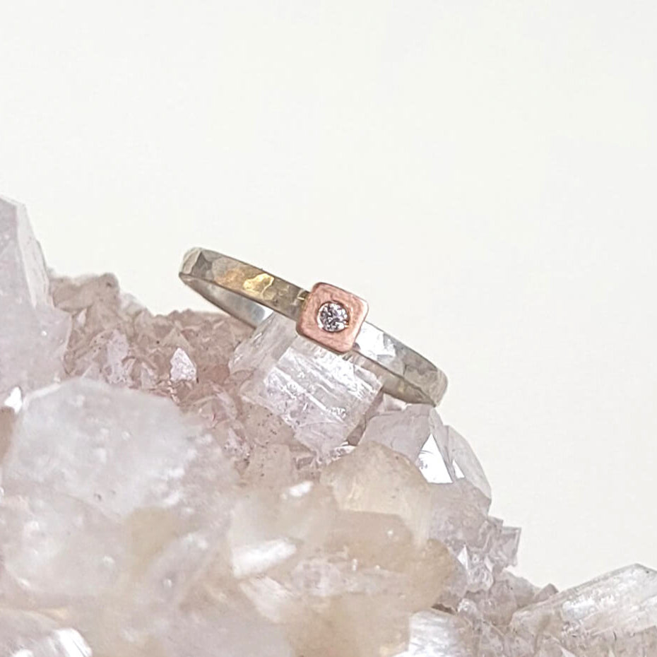 Square Cell Ring in Sterling Silver and Rose Gold with Diamond Accent
