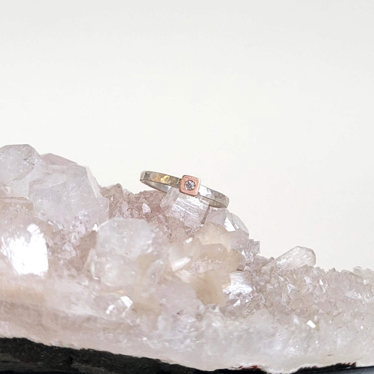 Square Cell Ring in Sterling Silver and Rose Gold with Diamond Accent