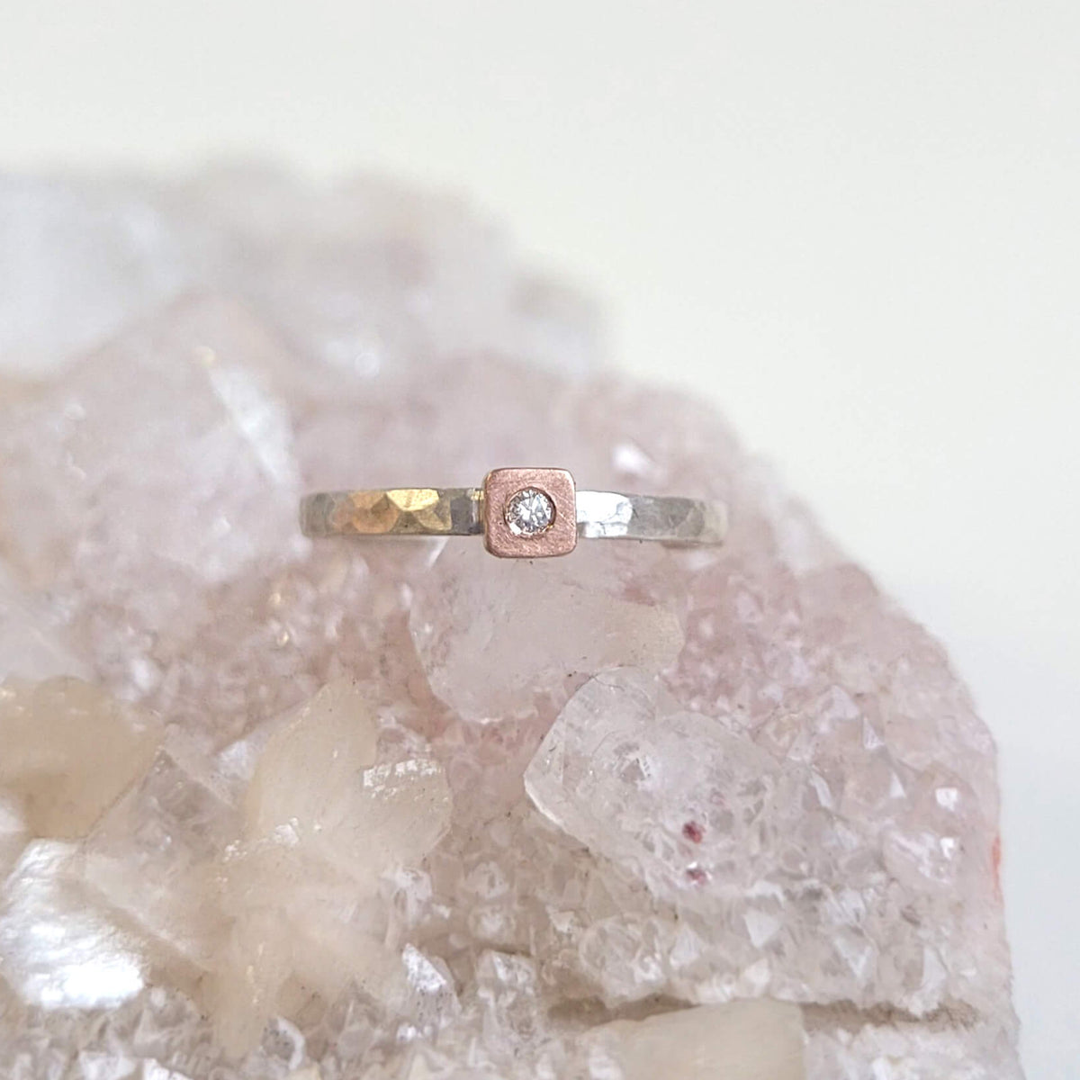 Square Cell Ring in Sterling Silver and Rose Gold with Diamond Accent