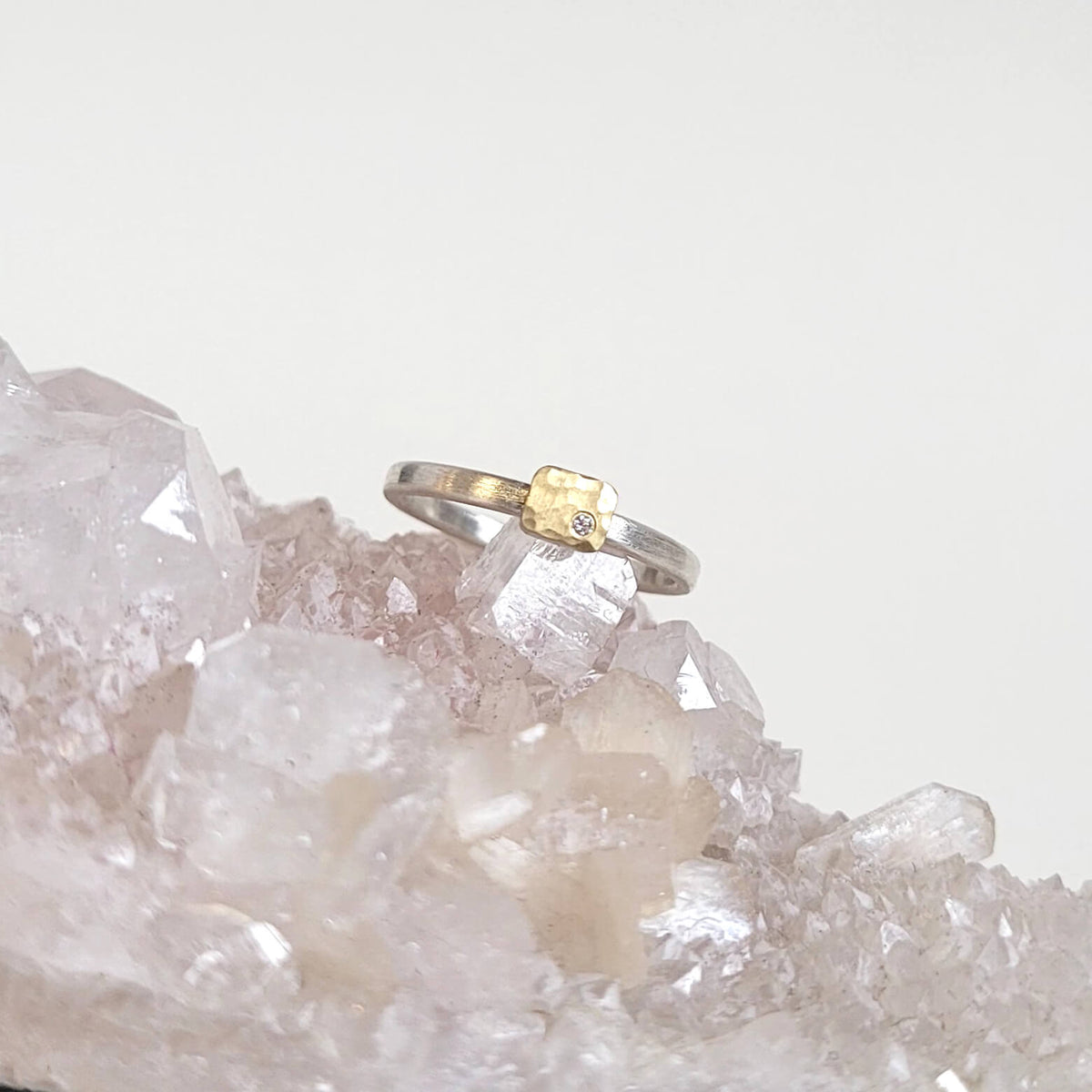 Rectangle Cell Ring in Sterling Silver and Hammered Yellow Gold with Diamond Accent