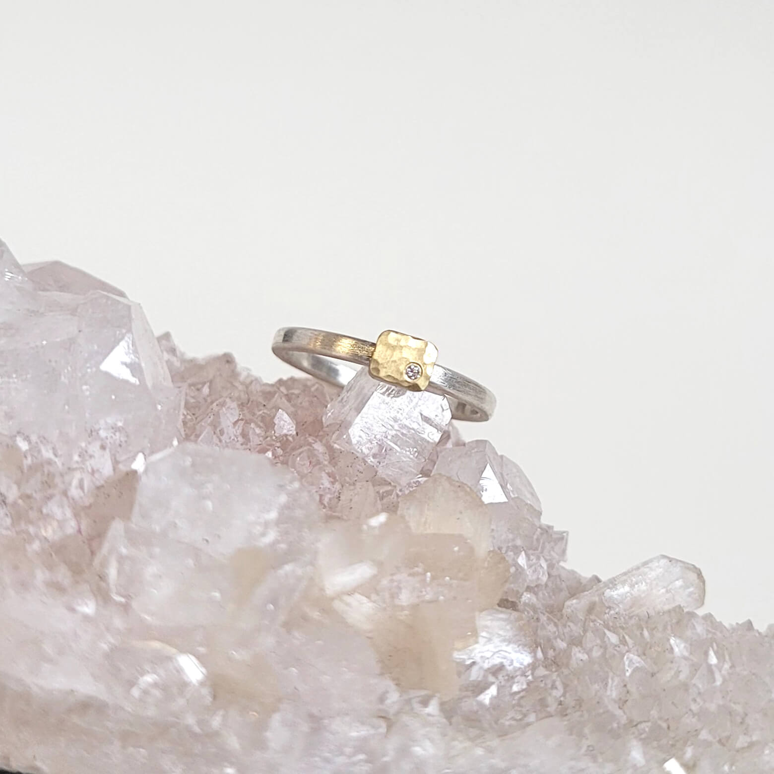 Rectangle Cell Ring in Sterling Silver and Hammered Yellow Gold with Diamond Accent