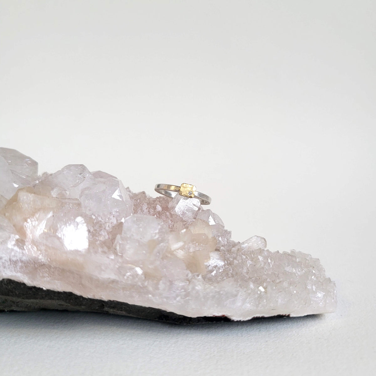 Rectangle Cell Ring in Sterling Silver and Hammered Yellow Gold with Diamond Accent