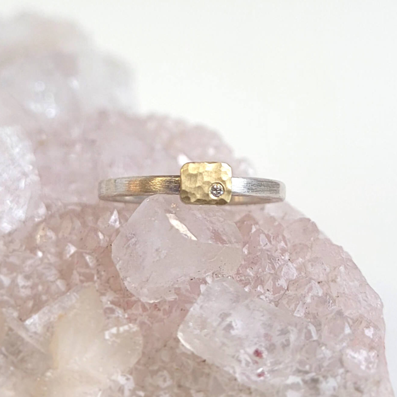 Rectangle Cell Ring in Sterling Silver and Hammered Yellow Gold with Diamond Accent