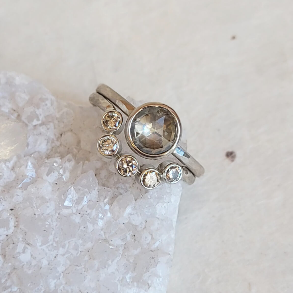 Champagne Rose Cut Diamond Ring in Palladium White Gold