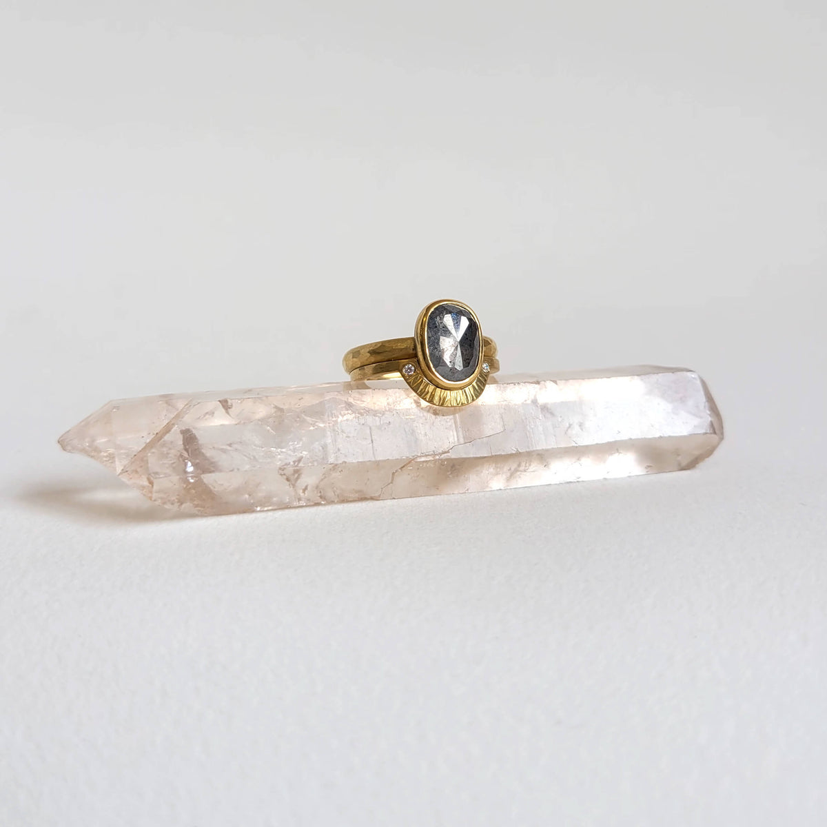 Oval Salt and Pepper Rose Cut Diamond Ring in Yellow Gold
