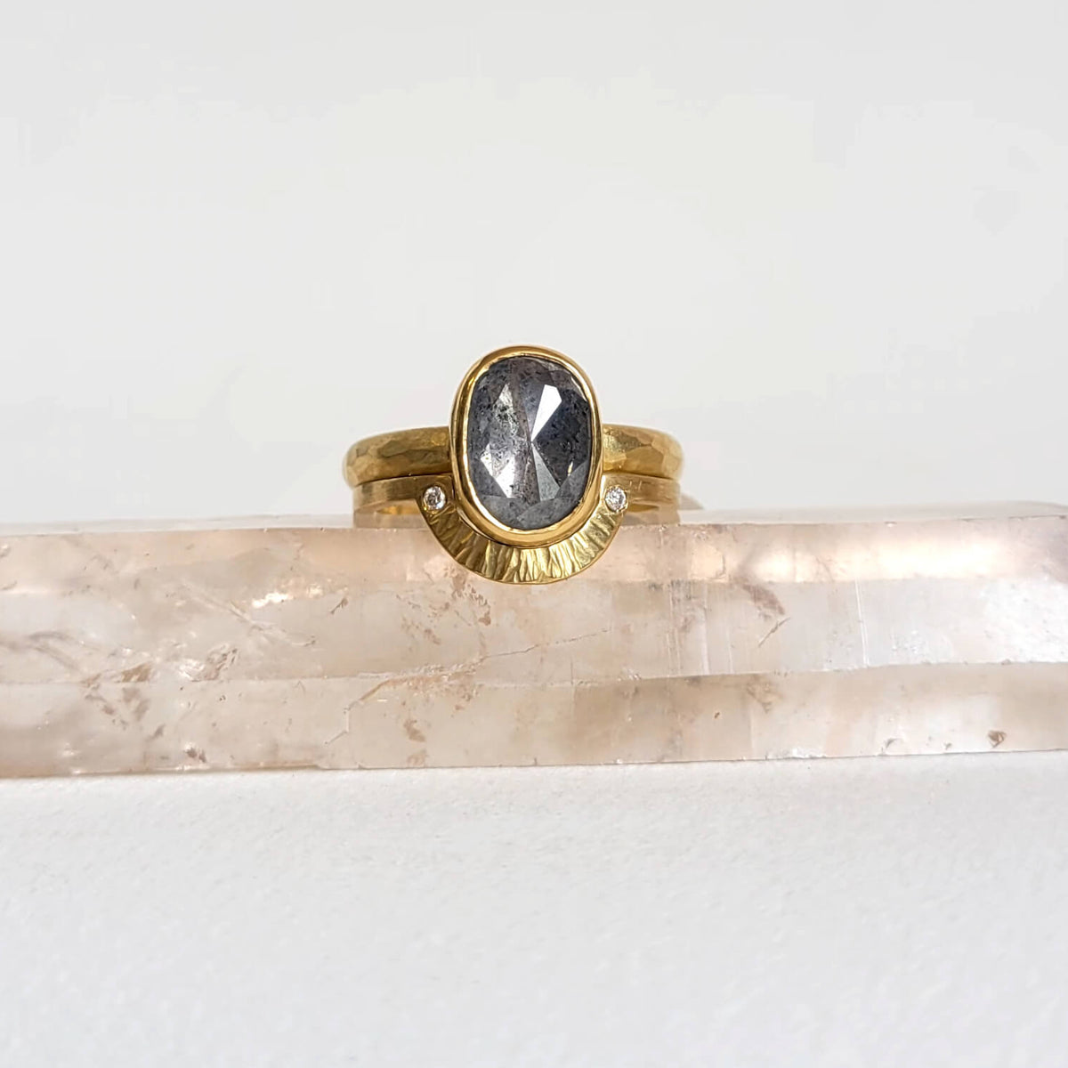 Oval Salt and Pepper Rose Cut Diamond Ring in Yellow Gold