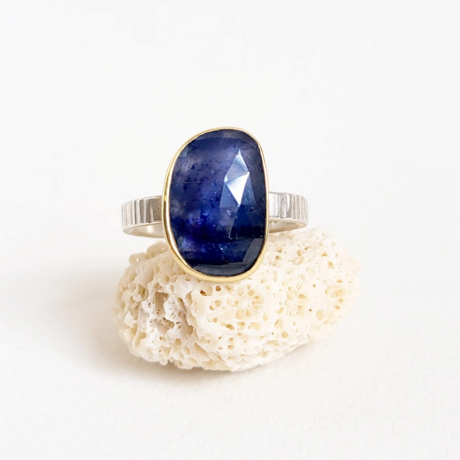 Rose Cut Blue Sapphire Ring in Yellow Gold and Silver