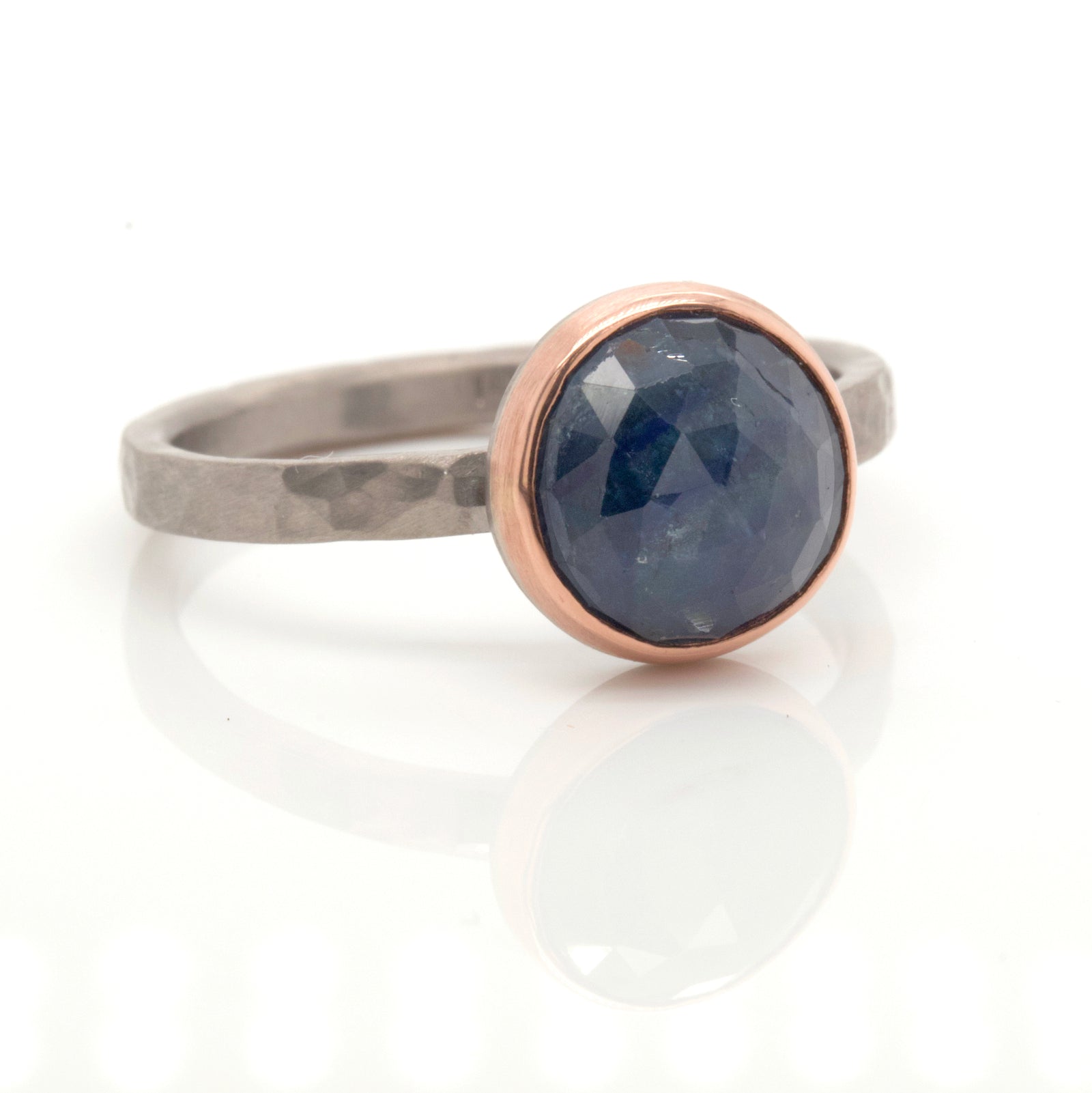 Blue Sapphire Ring in Rose Gold and Hammered Palladium