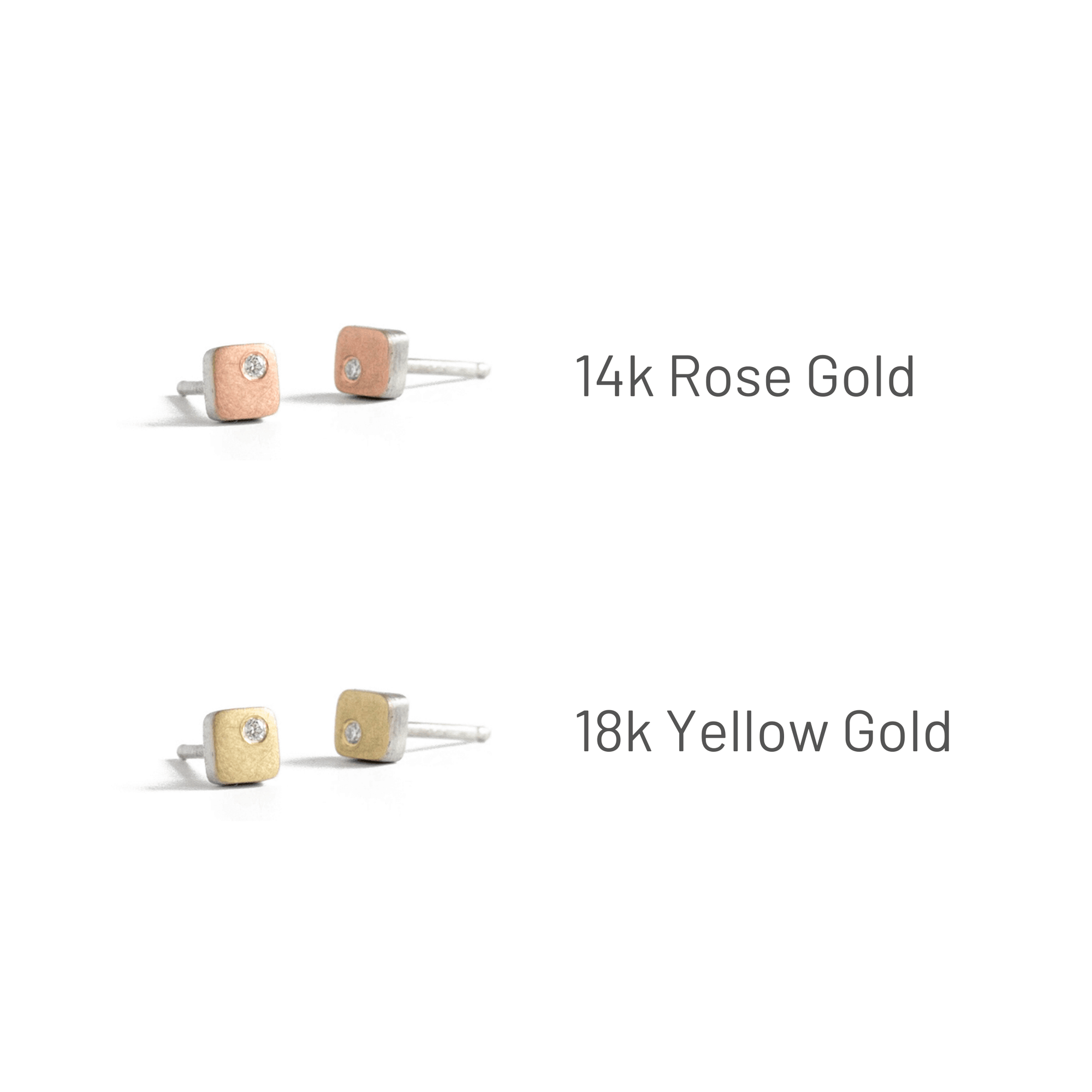 Mixed metal, satin finished, square studs with white diamonds. Available in rose or yellow gold. Handmade by EC Design Jewelry using recycled metal and conflict-free stones.