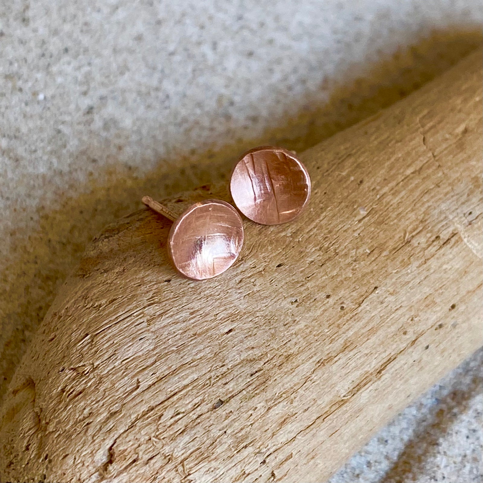 7.5mm Concave Round Studs in Linear Hammered Rose Gold