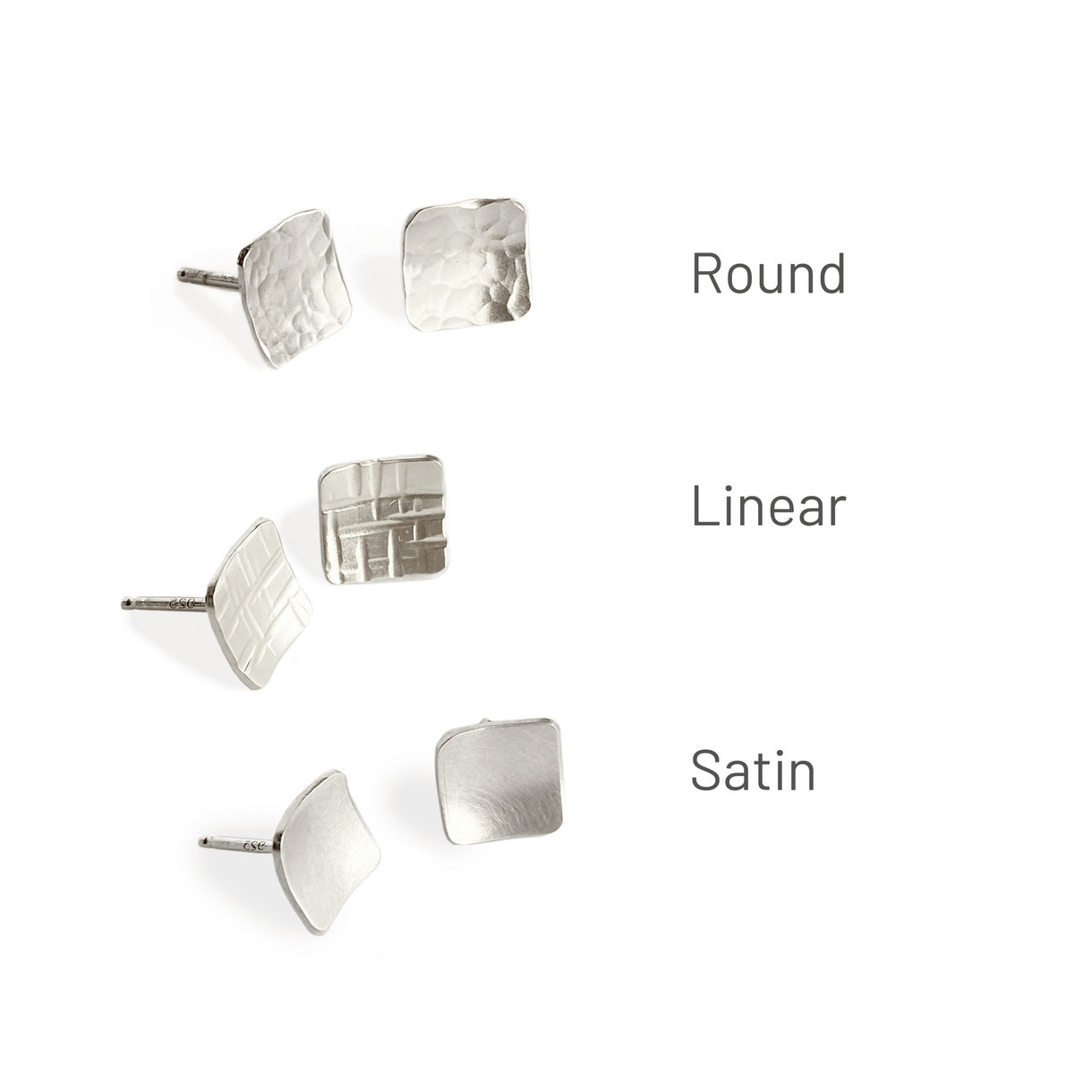 Sterling silver 8mm studs available in round hammered, linear hammered, and satin finish.